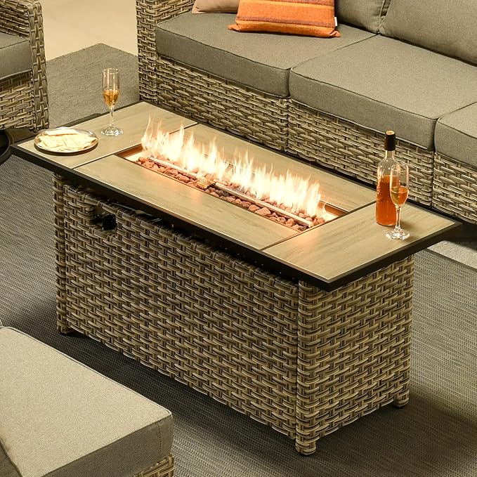OVIOS 54 Inch Outdoor Patio Fire Pit Table 50000 BTU Heater PE Rattan Propane Firepits with Ceramic Tabletop Waterproof Cover Lid and Lava Rock Rectangular Mixed Color