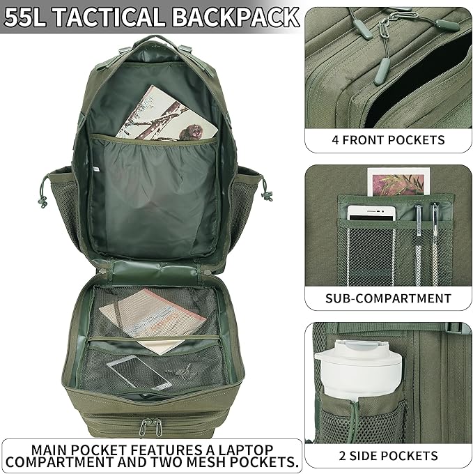 55L Tactical Backpack Heavy Duty Military Rucksack Molle Backpack 3 Day Assault Pack for Work Outdoors