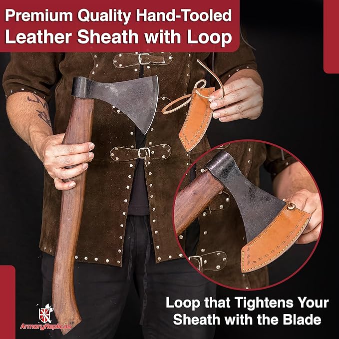 Armory Replicas™ Viking Saga Traditional Wooden Battle Axe Hand-Forged Iron Steel Blade Rustic Finish Fully Functional 20.5” Overall Length Perfect for Camping Reenactments and Cosplay