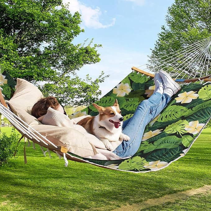 Double Hammock 11 FT Quilted Fabric 2 Person Hammock for Outside with Pillow Folding Curved Spreader Bar Chains Carrying Bag Indoor Outdoor 450 IB Capacity GreenLeaves