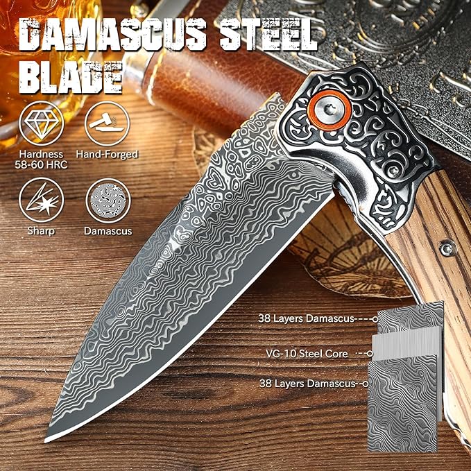 Damascus Pocket Knife for Men Folding Knives with Wooden Handle &amp 3.34 Sharp Damascus Steel Blade EDC Knifes for Camping Hiking Collection