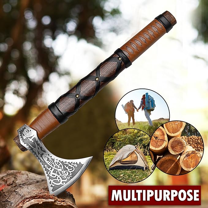SHINY CRAFTS® Handcrafted Viking Axe – Engraved Nordic Blade with Wooden Handle Unique Gift for Men Collectors Cosplay and Medieval Decor (Brown-VBA-04-A)