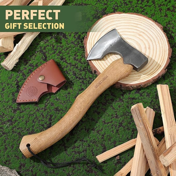 PURPLEBIRD Hatchet Axe with Sheath for Camping 15 Inch Bushcraft Axe Carbon Steel Chopping Axes Wood Handle Splitting Axes Hand-Forged Camping Hatchet for Carving Bushcraft Outdoor Forest Garden