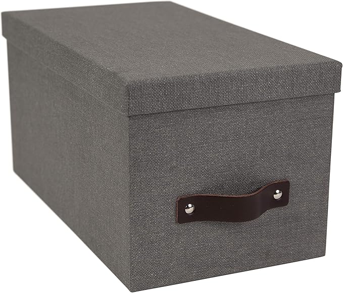 Bigso Silvia Organizational Storage Box with Leather Handle for Shelves and Stacks Easily - Durable and Decorative Storage Boxes with Lids - 5.9 in x 6.5 in x 11.6 in - Gray