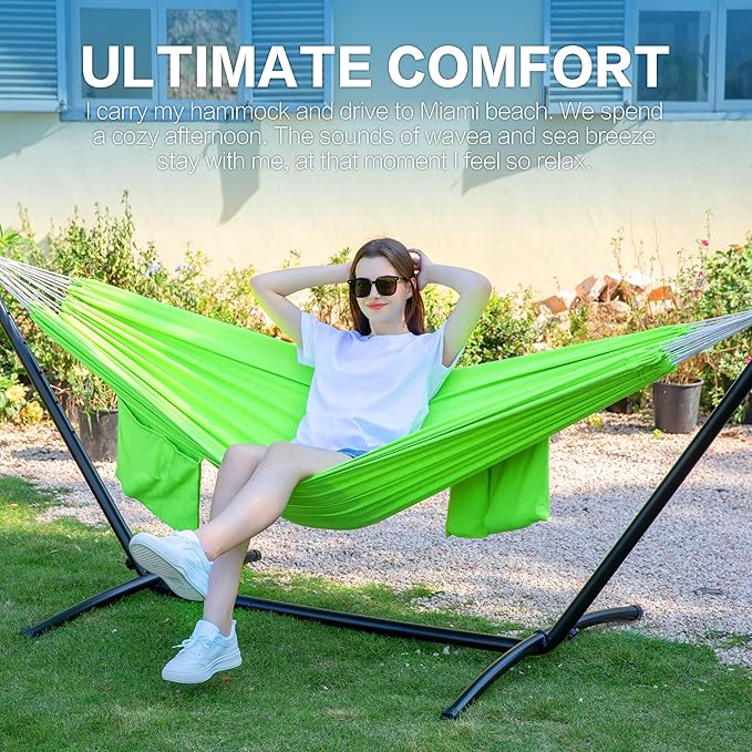 PNAEUT Double Hammocks with Stand for Outside Portable Space Saving Heavy-Duty Steel Stand for Indoor Outdoor Patio with Carrying Bag 450 lbs Capacity (Green)