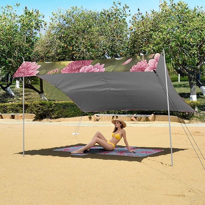 Birds Beach Canopy Sun Shelter with Sandbags &amp Sand Shovel &amp Windproof Ropes - Portable 110x126 Beach Shade Beach Tent for Camping Picnics