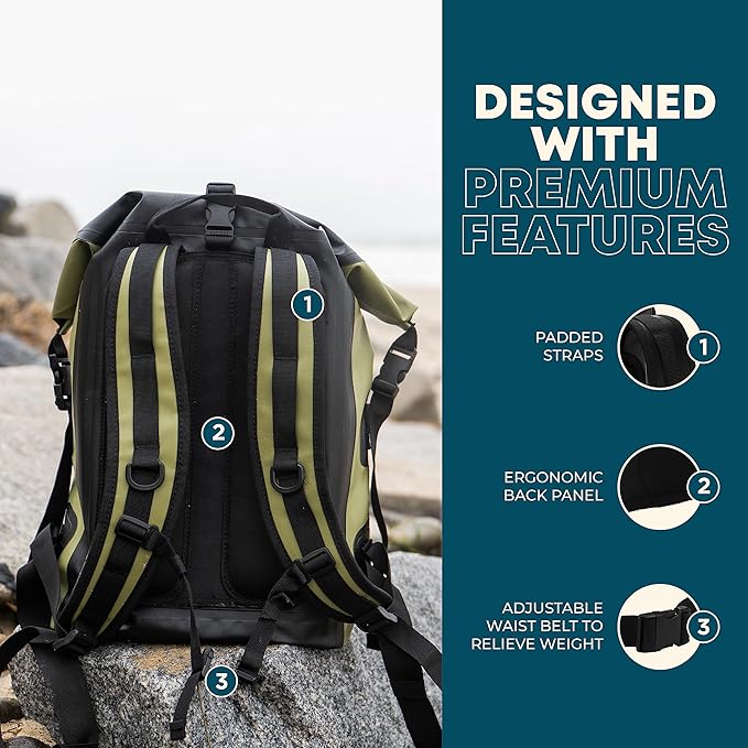 Earth Pak Waterproof Backpack - Heavy Duty Roll-Top Closure with Easy Access Front-Zippered Pocket and Cushioned Padded Back Panel for Comfort with IPX8 Waterproof Phone Case