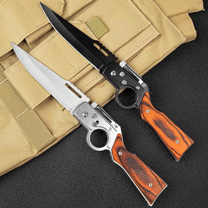 2 Pcs Pocket Knife Ak47 Folding Knife Stainless Steel Blade Lightweight Wooden Handle Gifts for Men