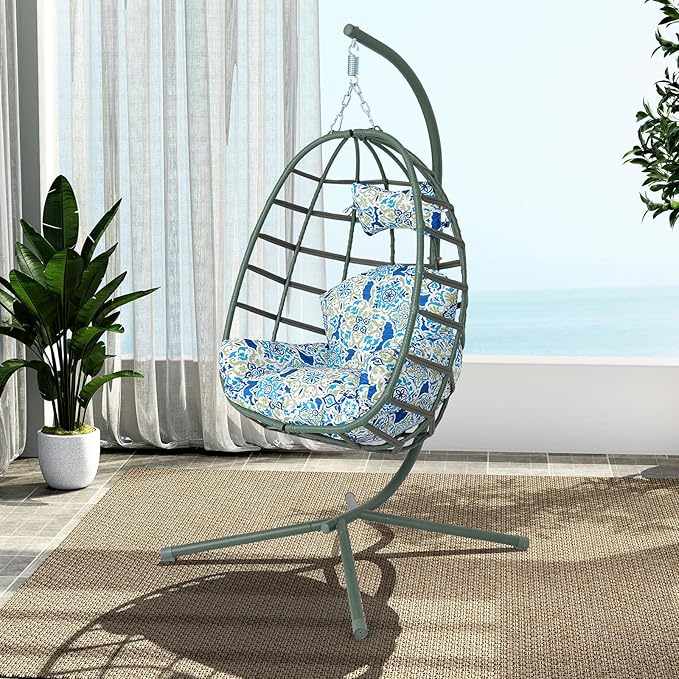 Hanging Egg Chair with Stand Outdoor Indoor Patio Rattan Swing Hammock Chairs with Washable Cushion 350lbs Capacity PE Wicker Swing Chair for Backyard Bedroom Garden (Dark Green + Floral Cushion)