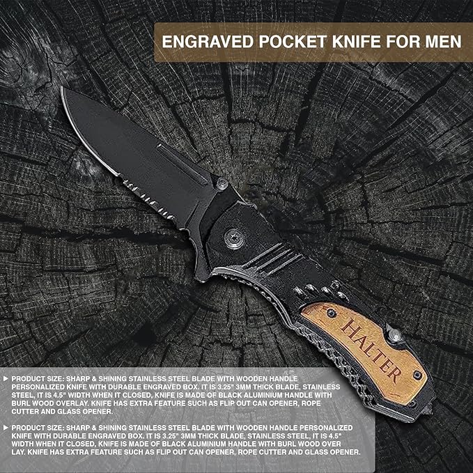 Premium Laser Engraved Folding Pocket Knife Wooden Handle and Gift Box Foldable Camping Knife for Dad Fathers Day