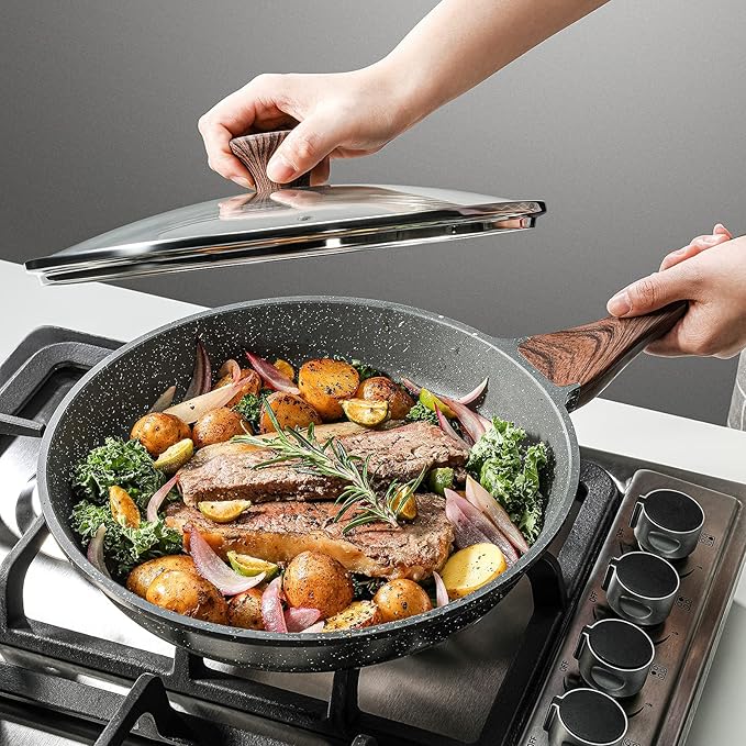 SENSARTE Nonstick Frying Pan Skillet with Lid Omelet Pan with Cover Healthy Cooking Chef's Pan Kitchen Cooking Pan Free of Intentionally Added PFOA/PFOS (12.5inch + Glass Lid)