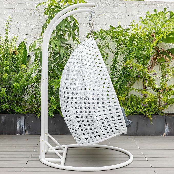 LeisureMod 2 Person Hanging Egg Chair Indoor Outdoor Patio Lounge Swing with White Stand &amp UV-Resistant Cushions Hammock Chair for Bedroom &amp Garden Dark Grey
