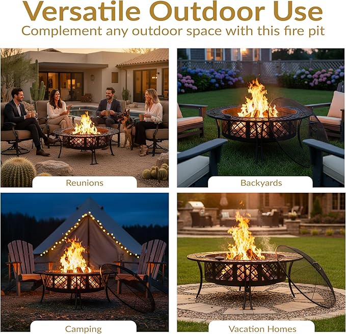 Sunnydaze 40-Inch Round Steel Fire Pit Table with Durable Spark Screen and Poker - Portable Design - Black - Diamond Weave