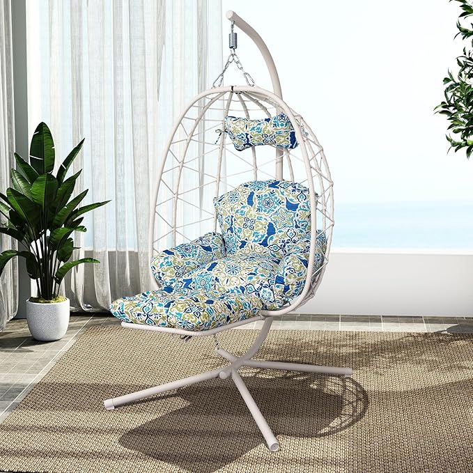 Hanging Egg Chair with Stand Outdoor Indoor Patio Rattan Swing Hammock Chairs with Washable Cushion PE Wicker Swing Chair for Backyard Bedroom Garden (White + Floral Cushion with Footrest)