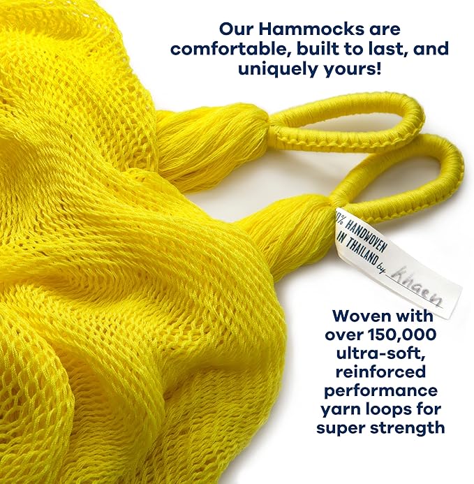Handwoven Hammock by Yellow Leaf Hammocks - Family Size Fits 2+ PPL 550lb max - Weathersafe Super Strong Easy to Hang Ultra Soft Artisan Made - Color: Yellow