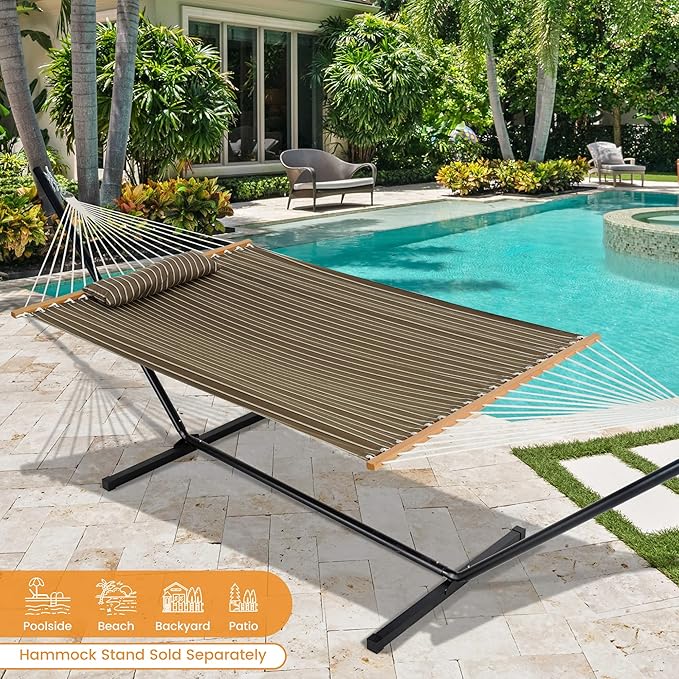 Lazy Daze Hammocks 12 FT Sunbrella Fabric Hammock not Fading with Spreader Bars and Free Pillow Fits for 2 Persons All Weather and Fade Resistant for Patio Yard 450 lbs Capacity Harwood Cocoa