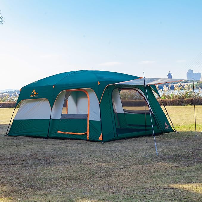 KTT Extra Large Tent 6-10-12-14 Person(A)Family Cabin Tents2 Rooms3 Doors and 3 Windows with MeshStraight WallWaterproofDouble LayerBig Tent for OutdoorPicnicCampingFamily Gathering