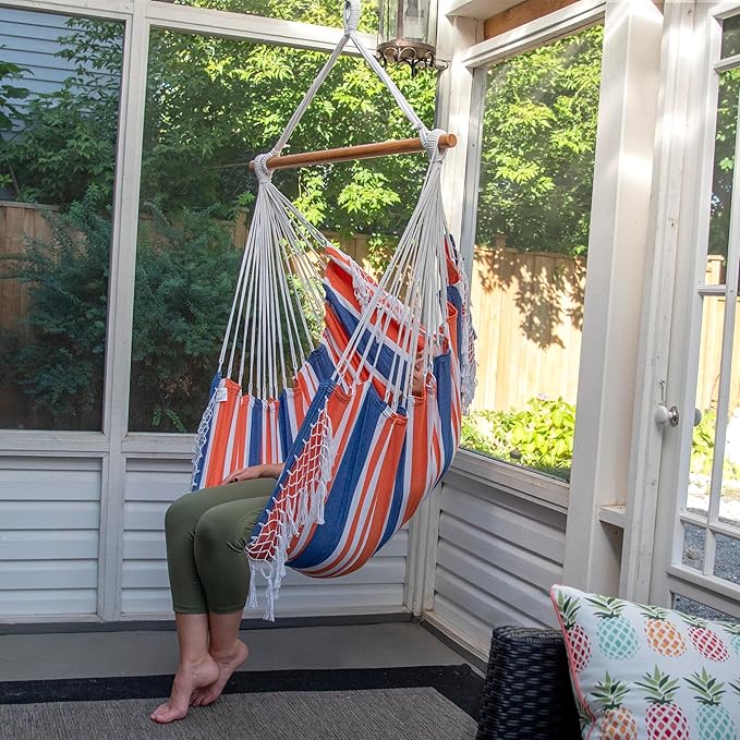Vivere Cotton Hammock Chair with Hardwood Spreader Bar - 250 lb Capacity (Orange Punch)