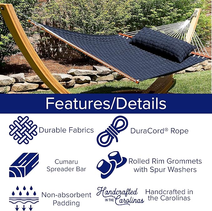 Hatteras Hammocks Navy Soft Weave Hammock with Free Extension Chains &amp Tree Hooks Accommodates 2 People 450 LB Weight Capacity 13 ft. x 55 in.