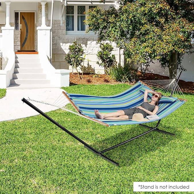 Tangkula 10.5FT Double Hammock Heavy Duty Outdoor Hammock with Curved Spreader Bars Detachable Pillow 2 Person Hammocks for Outside Porch Patio (Stand is not Included) (Blue+Green)