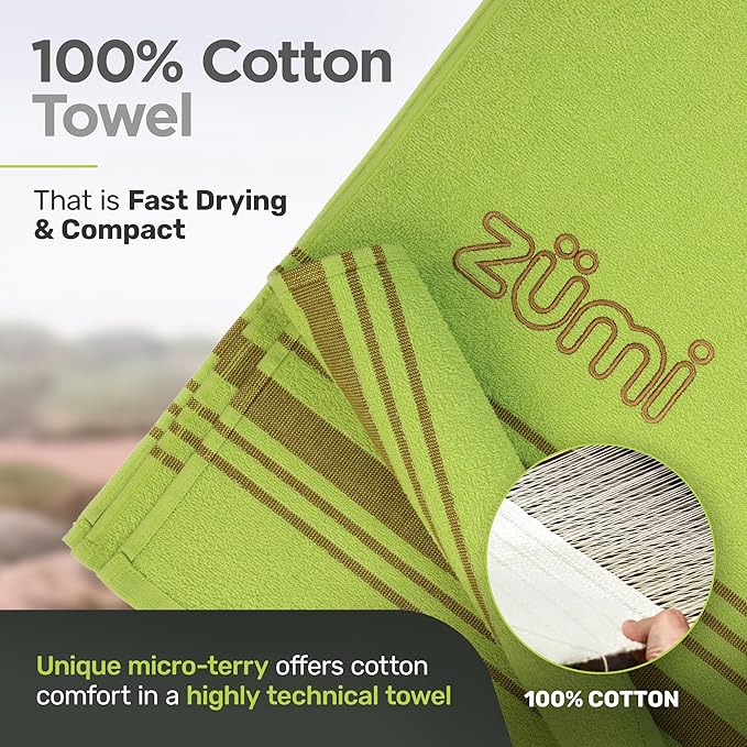 Zumi 100% Cotton Quick Dry Travel Towel - Soft Thin Compact Highly Absorbent Lightweight Camping Towel for Beach Gym Bath Shower Swimming Dorm RV - Green