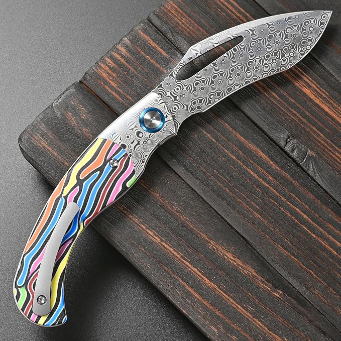 Sitivien ST270 Folding Knife Damascus Steel Blade Colorful G10 &amp Damascus Handle with Ball Bearing for Men Women Outdoor Camping Hiking Fishing(Color)