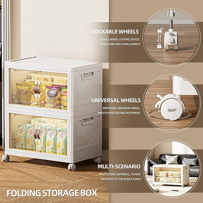 168 QT / 42 Gal Magnetic Door Storage Bins Collapsible Stackable w/1 Lid Heavy Duty Plastic Cabinet with Wheels for Home Office Organization (White)