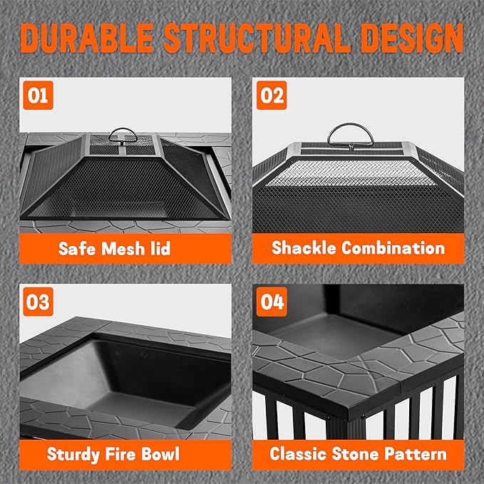 EcoNook 36 inch Fire Pit Square Outdoor Fire Pit Table with Spark Screen &amp Fire Poker 3-in-1 Multipurpose Firepits for Outside Fireplace for Yard Garden Patio