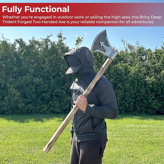 MedievalDepot Briny Deep Trident Forged Two-Handed Combat Axe - Overall 42 - Carbon Steel Blade - Rosewood Handle