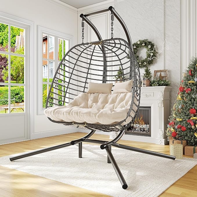 Double Hanging Egg Chair wth Stand Patio Hammock Swing Chair with Cushion Loveseat for Bedroom Balcony Garden Indoor Outdoor Beige