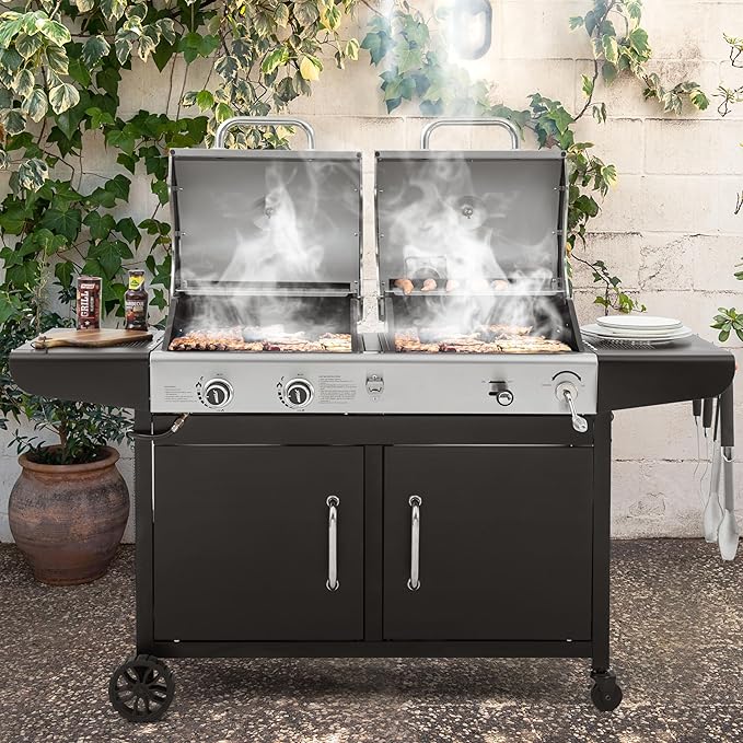 Royal Gourmet ZH3002N Propane Gas and Charcoal Grill Combo Dual Fuel BBQ Grill with 2 Side Shelves for Outdoor Patio Garden Backyard Barbecue 20000 BTUs Silver &amp Black