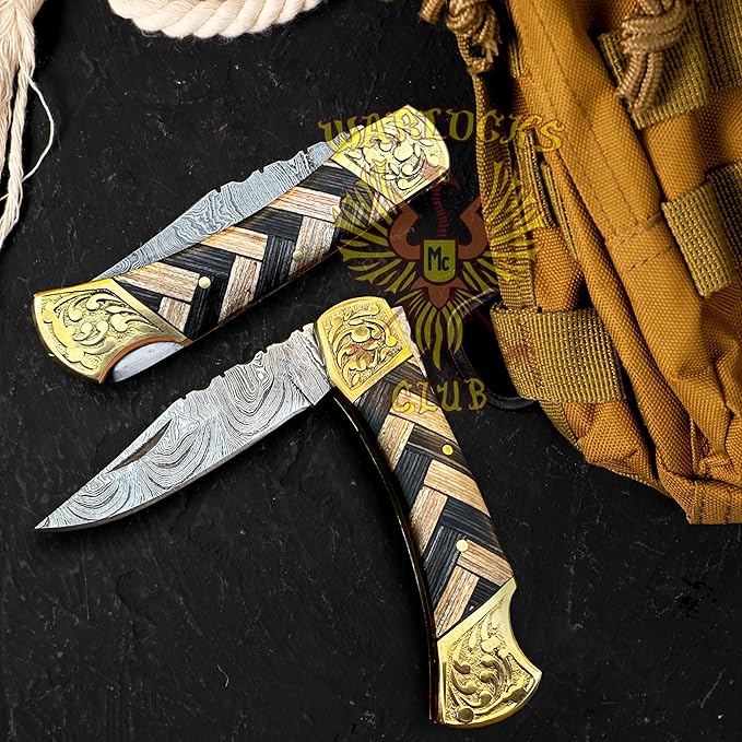 Handmade Damascus Pocket Knife with Sheath 7 Folding Hunting Knife with Wood Handle Small Camping Knife for Outdoor