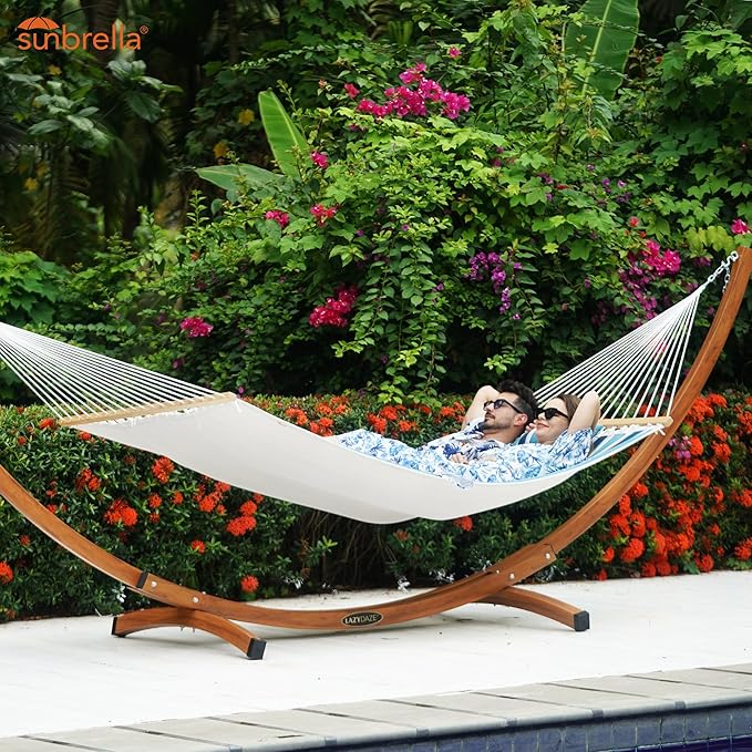 Lazy Daze Hammocks 12 FT Sunbrella Fabric Quilted Hammock Double Sunbrella Quilted Hammock with Spreader Bars &amp Pillow All Weather and Fade Resistant for Outdoor 450 lbs Capacity Token Surfside