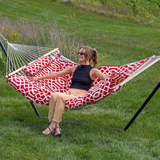 Sunnydaze Rope Hammock with Stand for Outside- 275-Pound Capacity - Includes 12-Foot Hammock Stand Spreader Bar Pad and Pillow - Royal Red