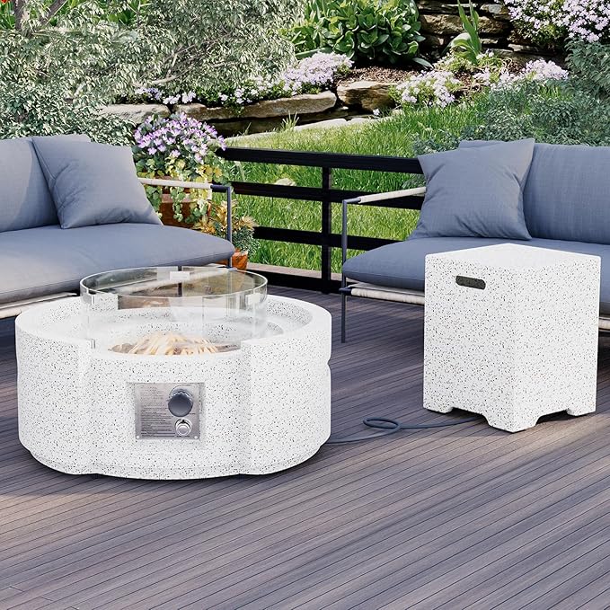 HOMPUS Round Fire Pit Table Outdoor Propane Fire Pit w Free Lava Rocks &amp Rain Cover Terrazzo Colorful Fire Table w Tank Cover &amp Wind Guard for Patio