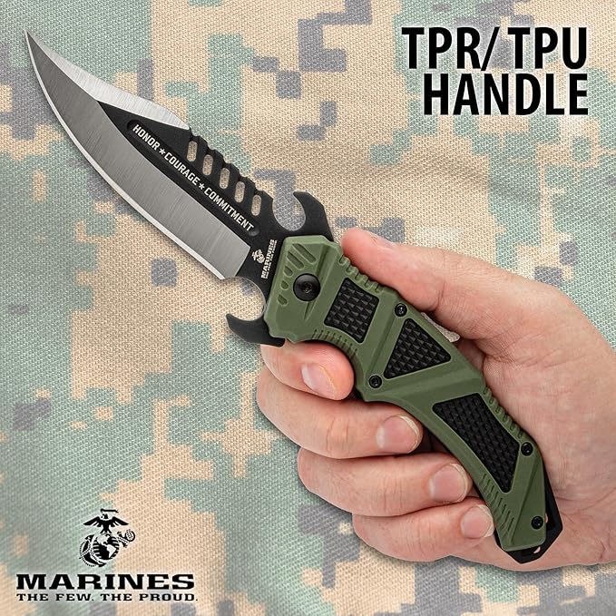United Cutlery USMC Desert Ops Pocket Knife | 4 Blade | 9 Overall | TPR and TPU Handle | Pocket Clip (Olive Drab)