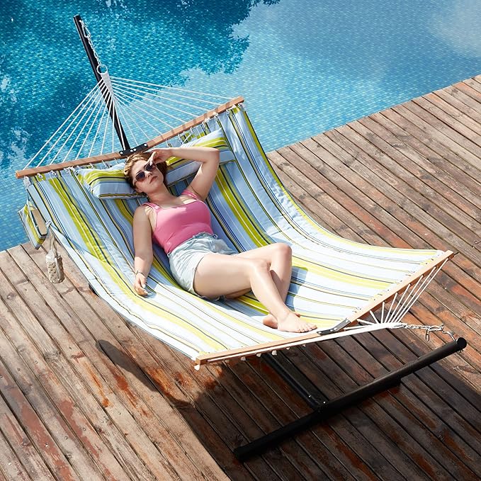 Homgava Two Person Hammock with Stand for Outside Heavy Duty Outdoor Patio Hammock with Portable Steel Stand Large Double Hammocks480lbs Capacity.(Light Blue Stripes)