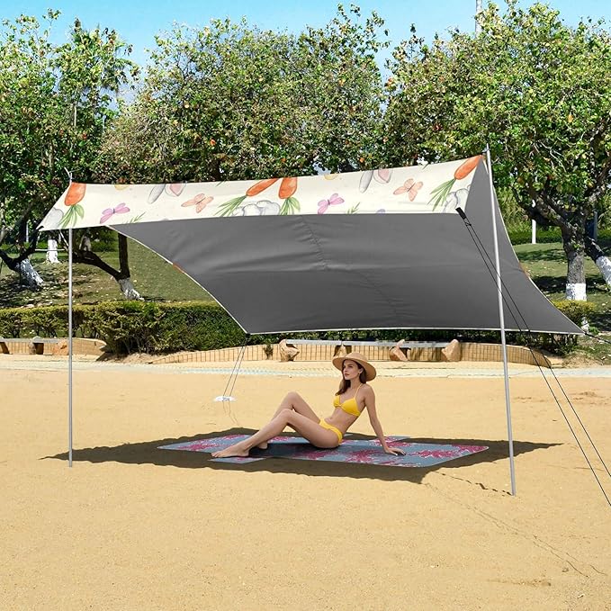 Easter Bunny Beach Canopy Sun Shelter with Sandbags &amp Sand Shovel &amp Windproof Ropes - Portable 110x126 Beach Shade Beach Tent for Camping Picnics