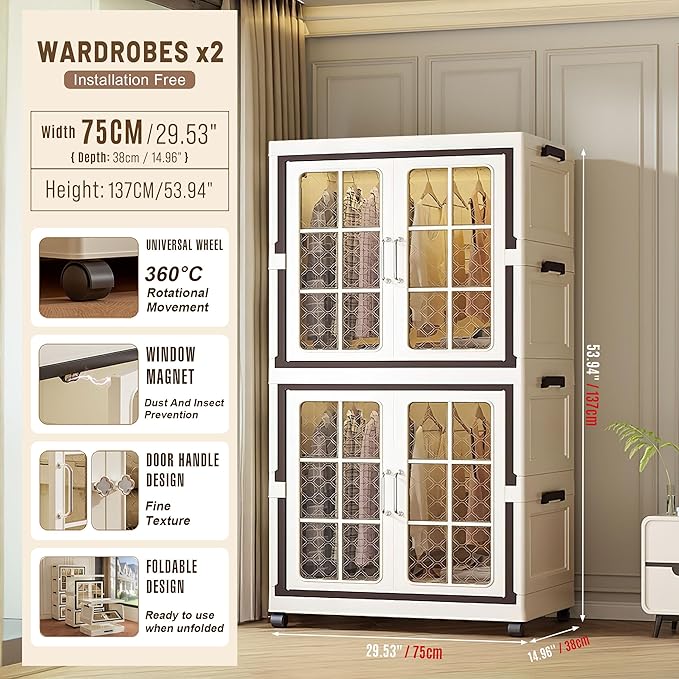 SunSettler Stackable Plastic Storage Cabinet with Transparent Windows Collapsible Closet Organizer with Wheels (1+1 Plus)