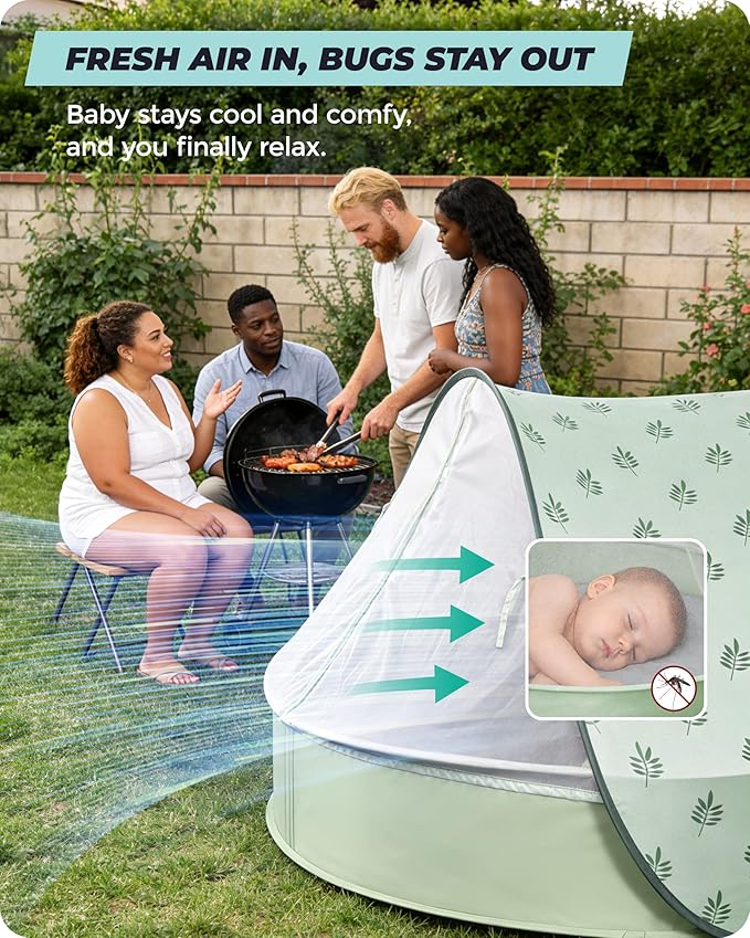 Baby Beach Tent with Pool 3-in-1 Upgrade Pop Up UPF 50+ Sun Protection Shelter with Mosquito Net Babies Toddlers Portable Outdoor Summer Essentials for Beach Backyard Indoor- Green Leaves