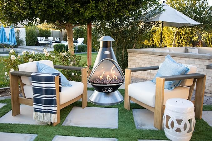 Cuisinart Chimenea Propane Fire Pit 40000 BTU Adjustable Gas Fire Pit for Patios Includes Lava Rocks Directional Heat Shield and Push to Start Ignition Perfect for Backyards Decks and Patios