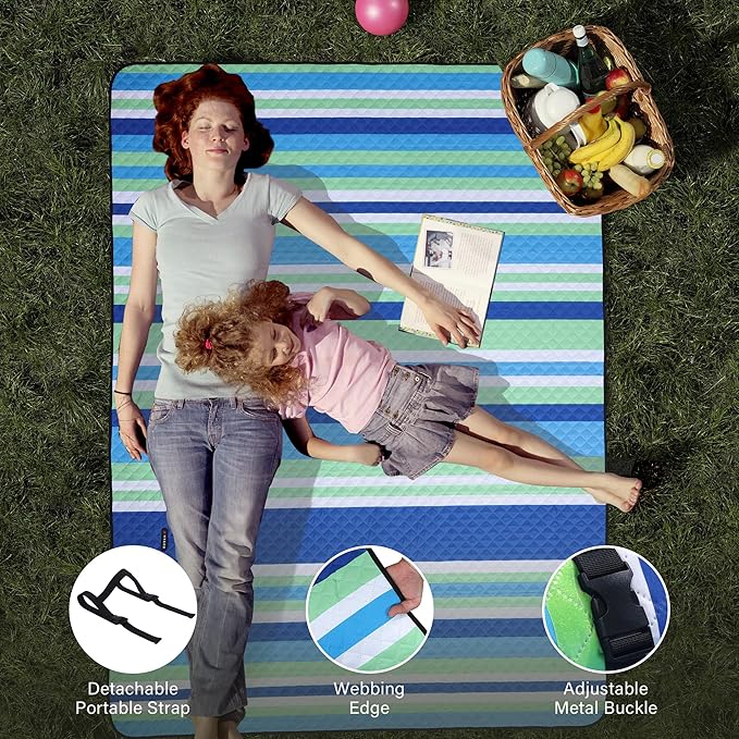 HX&ampOD Extra Large Picnic Blanket Outdoor 80”x80” Waterproof Picnic Mat Foldable 3-Layer Camping Blanket Portable with Carry Strap Park Blanket for Grass(Blue)