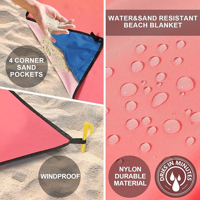 Beach Blanket Waterproof Sandproof Beach Mat 79 X 83/10'x9'for 2-8 Adults Quick Drying Outdoor Picnic Mat Beach Accessories for Travel Camping Hiking
