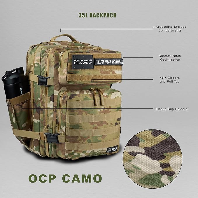 WOLFpak 35L Athletic Gym Backpack - Durable 1000D Waterproof Oxford Material with MOLLE Webbing Laptop Pocket &amp Dual Cup Holders Durable Fitness/Travel/Military Daypack (OCP Camo)