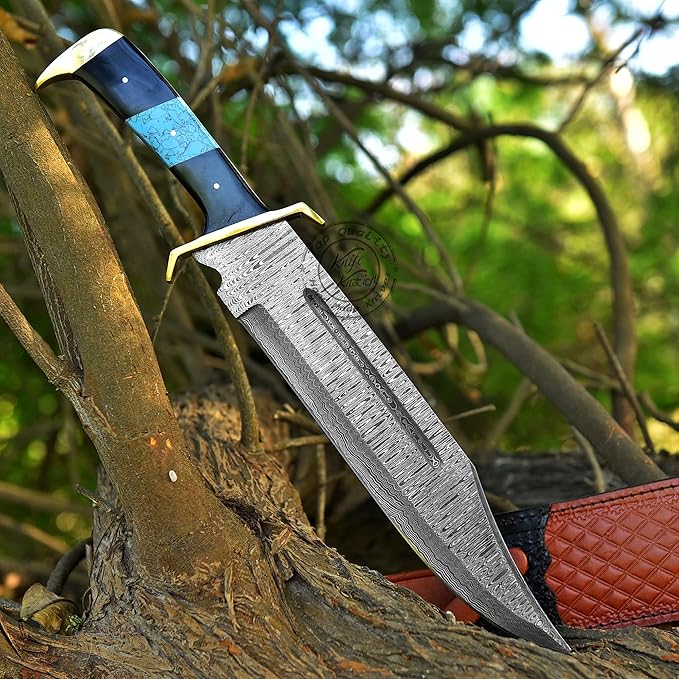 Damascus Steel Western Outlaw Bowie Hunting Knife Fixed Blade Survival &amp Hunting Knife Camping Bushcraft EDC - Gift for Men Premium Leather Sheath KKH-69