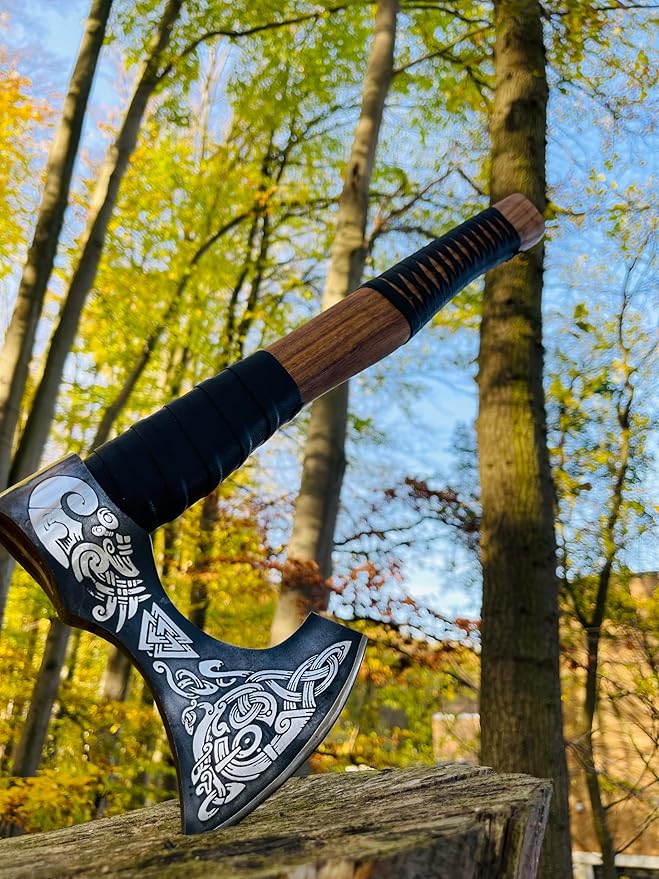 Viking Axe – Hand Forged Carbon Steel Blade with Ashwood Handle | Norse Hatchet for Camping Hunting Axe Throwing | Perfect Viking Gift for Men