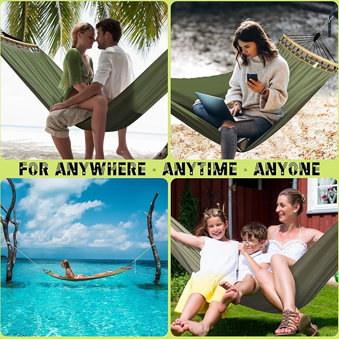 Tranquillo Double Hammock 2 Persons Cotton Canvas 600 lbs Portable Camping Hammock with Solid Curved Wood Spreader Bar Hammock for Camping Travel Indoor Patio Garden Sage