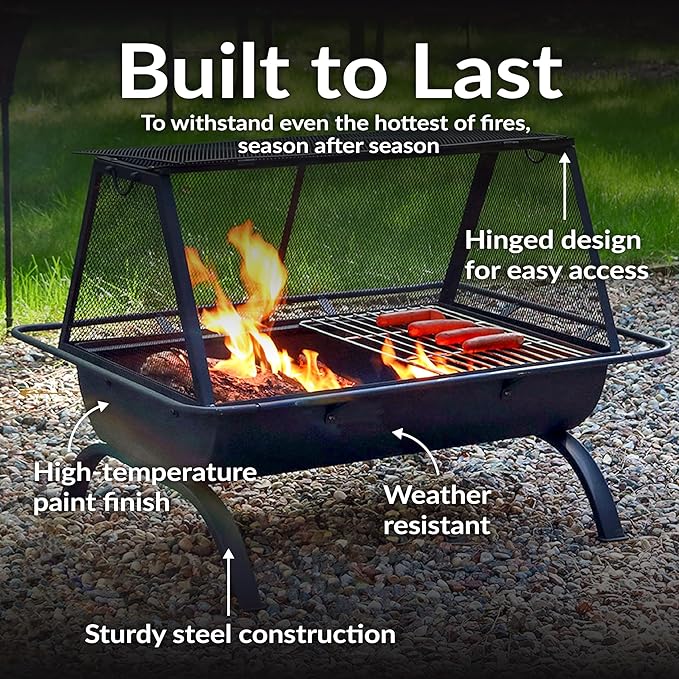 Sunnydaze 36-Inch Northland Steel Outdoor Fire Pit with Grill - Outdoor Fireplace with Cooking Grate Spark Screen Cover and Poker
