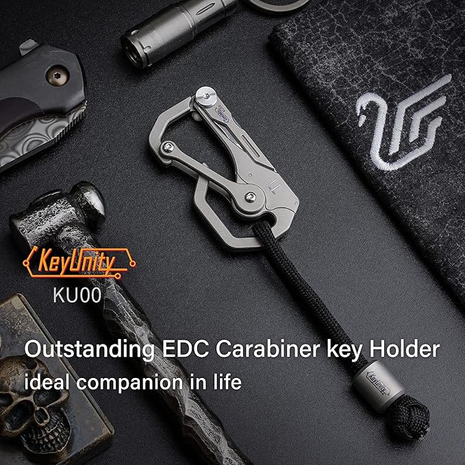 KeyUnity KU00 Titanium Quickdraw Carabiner with Folding Knife B Shaped EDC Multifunctional Keychain with 2 Inch Ruler Palm Sized Lightweight Stainless Body Perfect for Home/Office/Camping