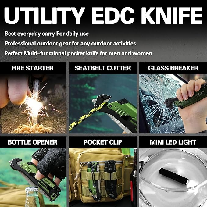 Father's Day Mother’s Day Birthday Gift for Him/Her: ALBATROSS 7-in-One Multi-Tool Pocket Knife for Men Women with LED Flashlight Fire Starter &amp Glass Breaker 3.5 Damascus Folding Survival Kn